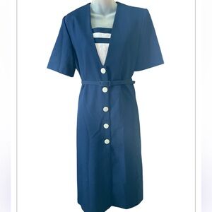 Vgt blue and white button up size 10 Leslie Belle dress with belt vintage charm